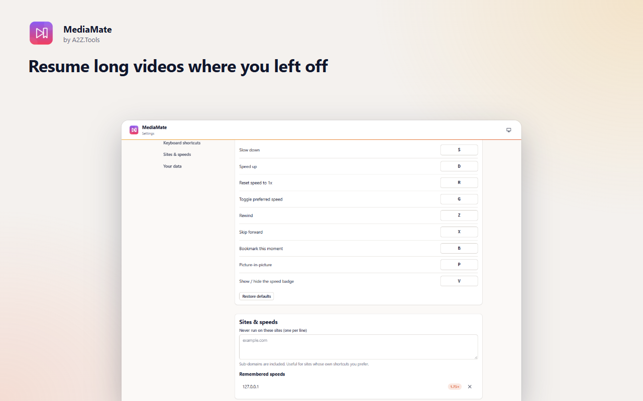MediaMate: options shortcuts