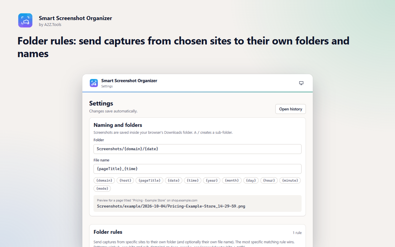 Smart Screenshot Organizer: options with rule